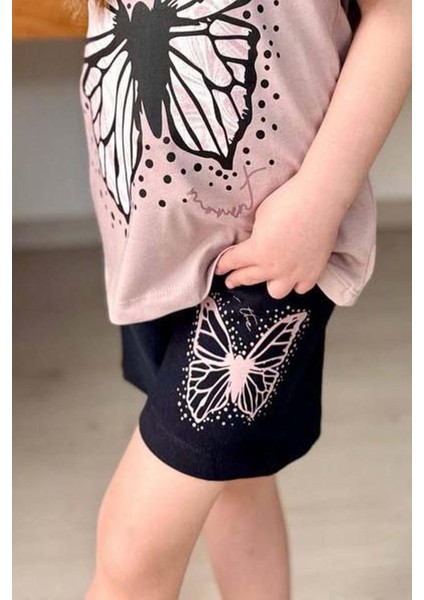 Kız Çocuk Kara Kalem Kelebek Baskılı Penye Pudra T-Shirt Şortlu Takım modelleri