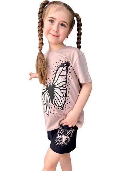 Kız Çocuk Kara Kalem Kelebek Baskılı Penye Pudra T-Shirt Şortlu Takım fırsatları