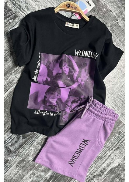 Kız Çocuk Wednesday Baskı Figürlü ve Yazı Baskılı Penye T-Shirt Lila Şortlu Takım