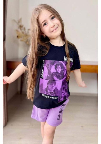Kız Çocuk Wednesday Baskı Figürlü ve Yazı Baskılı Penye T-Shirt Lila Şortlu Takım modelleri