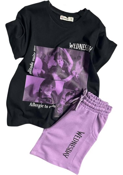 Kız Çocuk Wednesday Baskı Figürlü ve Yazı Baskılı Penye T-Shirt Lila Şortlu Takım fırsatları