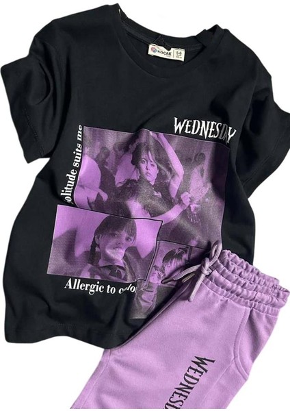 Kız Çocuk Wednesday Baskı Figürlü ve Yazı Baskılı Penye T-Shirt Lila Şortlu Takım indirimleri