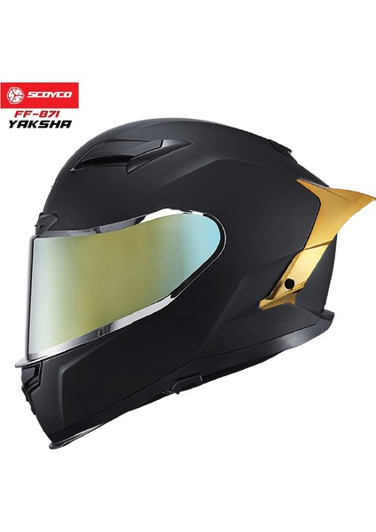 FF-871 Yaksha Mat Siyah-Gold Güneş Vizörlü Kapalı Kask (Gold Camlı)