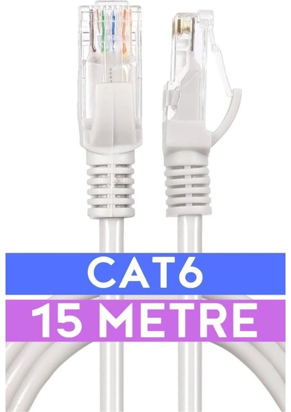 15 Metrelik Cat6 Lan Fabrikasyon Internet Data Kablosu(Ethernet Modem RJ45 Uçlu Jacklı Network Adsl) 15MT Hazır Fabrikasyon Ethernet Kablosu