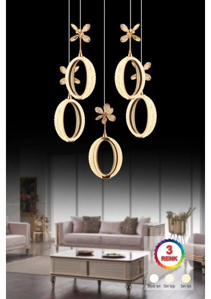 - 5'li Diana (Lüks) Elmas LED Avize - Yuvarlak Kasa - Gold Kasa - Cam Kelebekli - 3r Kumandalı