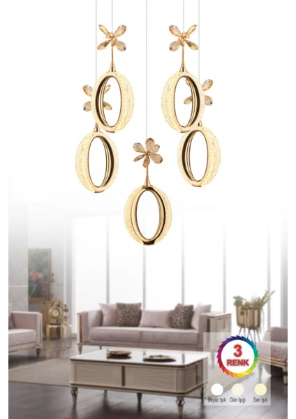 - 5'li Diana (Lüks) Elmas LED Avize - Yuvarlak Kasa - Gold Kasa - Cam Kelebekli - 3r Kumandalı fiyatları