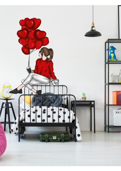 ,kırmızı Kalpli Balonlu Oturan Kız, 60 x 100 Cm, Duvar Sticker