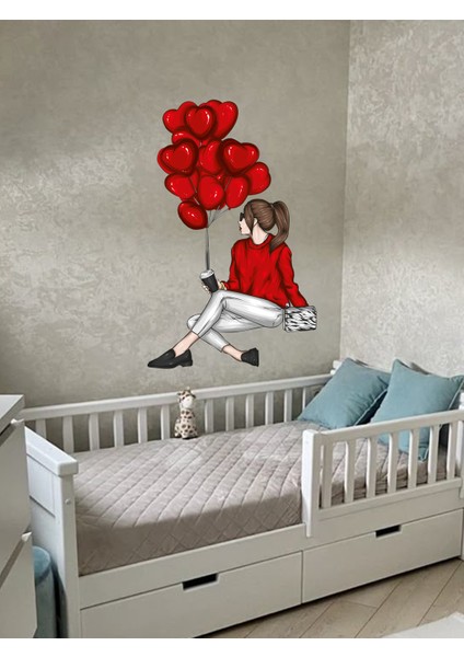 ,kırmızı Kalpli Balonlu Oturan Kız, 60 x 100 Cm, Duvar Sticker fiyatları