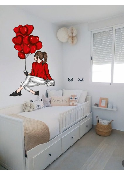 ,kırmızı Kalpli Balonlu Oturan Kız, 60 x 100 Cm, Duvar Sticker modelleri