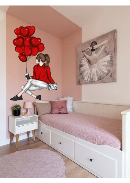 ,kırmızı Kalpli Balonlu Oturan Kız, 60 x 100 Cm, Duvar Sticker fırsatları