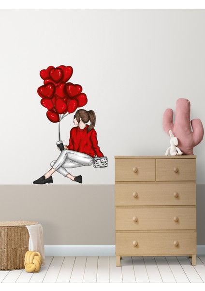 ,kırmızı Kalpli Balonlu Oturan Kız, 60 x 100 Cm, Duvar Sticker indirimleri