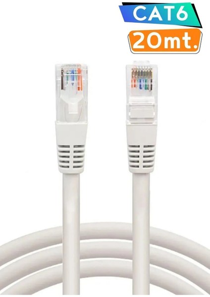 20 Metrelik Cat6 Lan Fabrikasyon Internet Data Kablosu(Ethernet Modem RJ45 Uçlu Jacklı Network Adsl) 20MT Hazır Fabrikasyon Ethernet Kablosu
