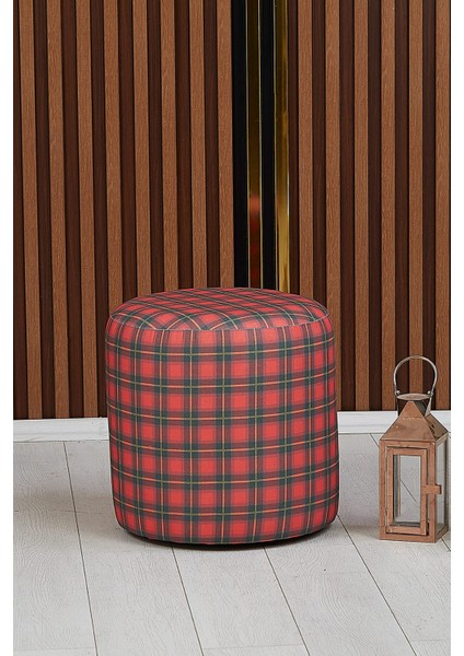 Kırmızı Ekose Desenli 40*40 Yuvarlak Puf