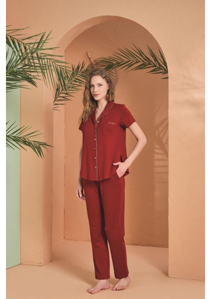 Kadın Bordo Önden Düğmeli Pijama Takımı 27069