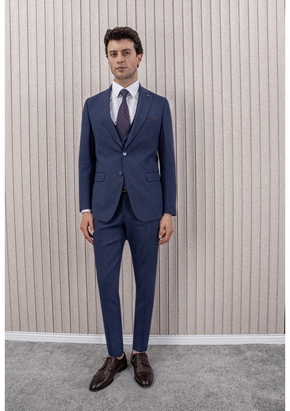 Erkek Likralı Slim Fit Sivri Yaka Yelekli Takım Elbise