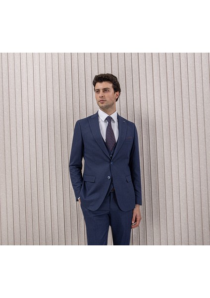 Erkek Likralı Slim Fit Sivri Yaka Yelekli Takım Elbise