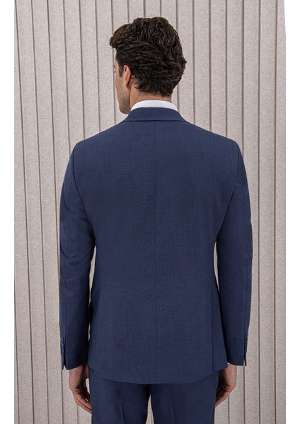 Erkek Likralı Slim Fit Sivri Yaka Yelekli Takım Elbise