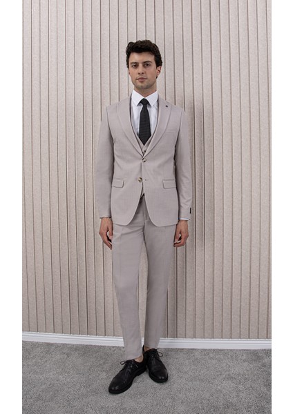 Erkek Likralı Slim Fit Sivri Yaka Yelekli Takım Elbise