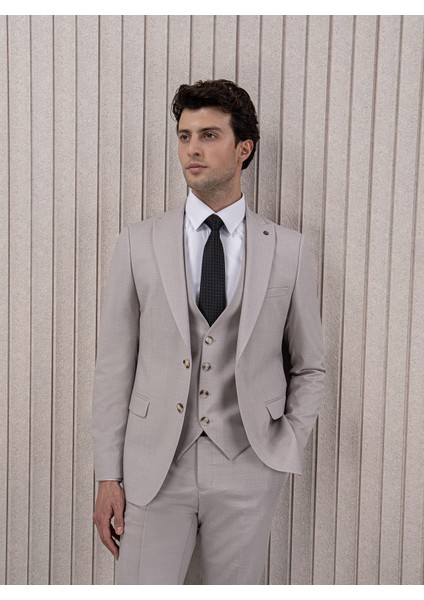 Erkek Likralı Slim Fit Sivri Yaka Yelekli Takım Elbise