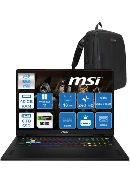 Msı Vector 18 Hx Aı A2XWIG Intel Core Ultra 9 275HX 40GB Ddr5 6tb SSD Windows 11 Pro 175W RTX5080 12GB 18 Inç 2K(2560×1600) Qhd+ 240Hz Taşınabilir Bilgisayar 666XTRP27 + Zetta Çanta