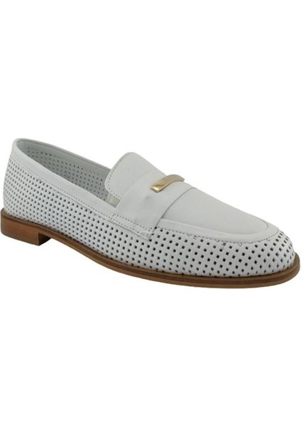 10854 Hakiki Deri Kadın Günlük Babet-Beyaz