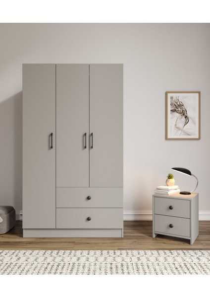 %100 Mdf 3 Kapaklı 2 Çekme 7 Raflı Elbise Dolabı Gardırop Gri-Soft Beyaz Kolay Kurulum Animasyonlu