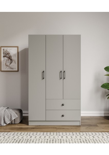 %100 Mdf 3 Kapaklı 2 Çekme 7 Raflı Elbise Dolabı Gardırop Gri-Soft Beyaz Kolay Kurulum Animasyonlu fiyatları