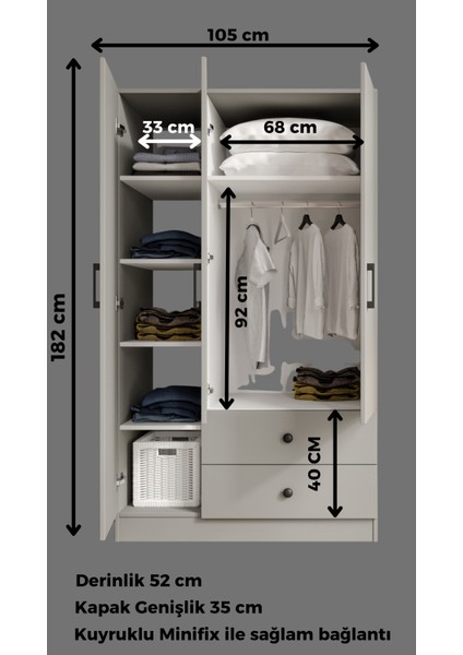 %100 Mdf 3 Kapaklı 2 Çekme 7 Raflı Elbise Dolabı Gardırop Gri-Soft Beyaz Kolay Kurulum Animasyonlu modelleri