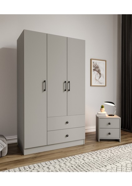 %100 Mdf 3 Kapaklı 2 Çekme 7 Raflı Elbise Dolabı Gardırop Gri-Soft Beyaz Kolay Kurulum Animasyonlu indirimleri