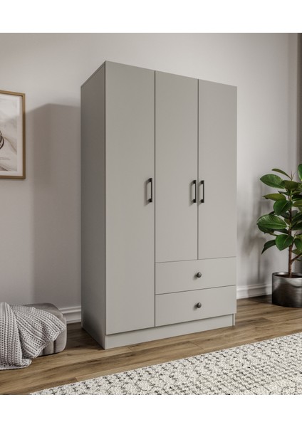 %100 Mdf 3 Kapaklı 2 Çekme 7 Raflı Elbise Dolabı Gardırop Gri-Soft Beyaz Kolay Kurulum Animasyonlu