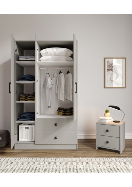 %100 Mdf 3 Kapaklı 2 Çekme 7 Raflı Elbise Dolabı Gardırop Gri-Soft Beyaz Kolay Kurulum Animasyonlu