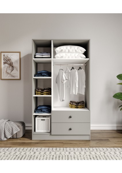 %100 Mdf 3 Kapaklı 2 Çekme 7 Raflı Elbise Dolabı Gardırop Gri-Soft Beyaz Kolay Kurulum Animasyonlu