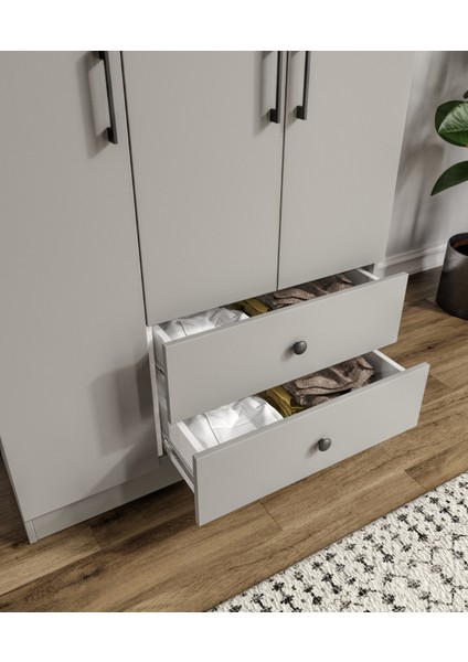 %100 Mdf 3 Kapaklı 2 Çekme 7 Raflı Elbise Dolabı Gardırop Gri-Soft Beyaz Kolay Kurulum Animasyonlu