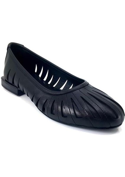 10387 Hakiki Deri Kadın Günlük Babet-Siyah