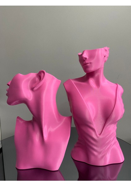 Pembe Renk Dekoratif Takı Mankeni 2'li Set Takı Teşhir Standı 30 ve 23 cm Takı Organizer Küpe Kolye