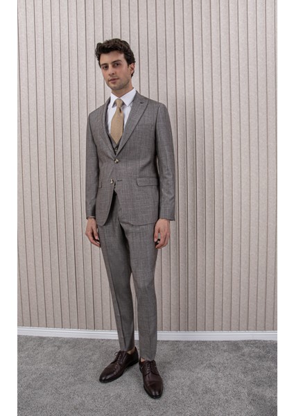 Erkek Likralı Slim Fit Sivri Yaka Yelekli Takım Elbise