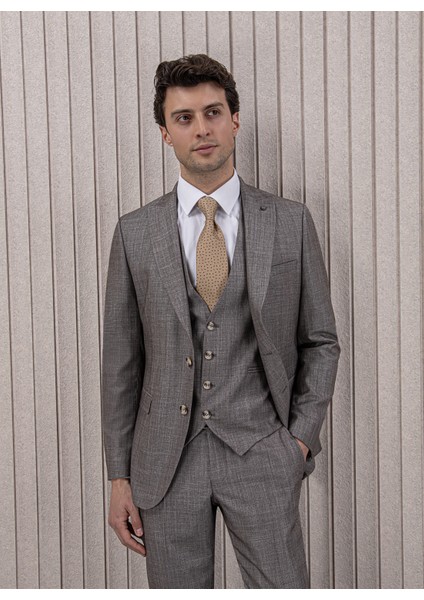 Erkek Likralı Slim Fit Sivri Yaka Yelekli Takım Elbise
