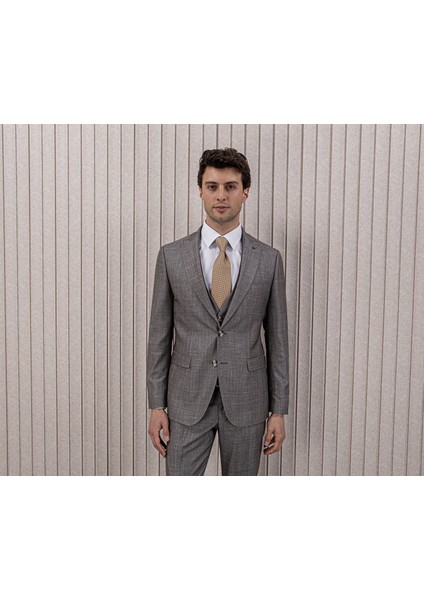 Erkek Likralı Slim Fit Sivri Yaka Yelekli Takım Elbise