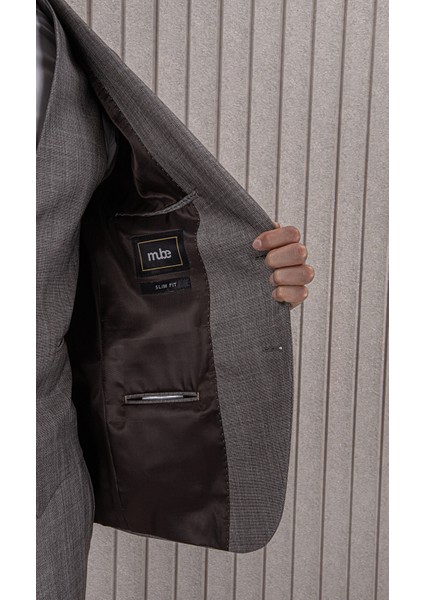 Erkek Likralı Slim Fit Sivri Yaka Yelekli Takım Elbise