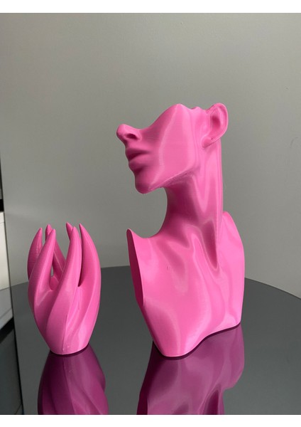 Pembe Renk Dekoratif Takı Mankeni ve El 2'li Set Takı Teşhir Standı 23 cm Takı Organizeri Küpe Kolye