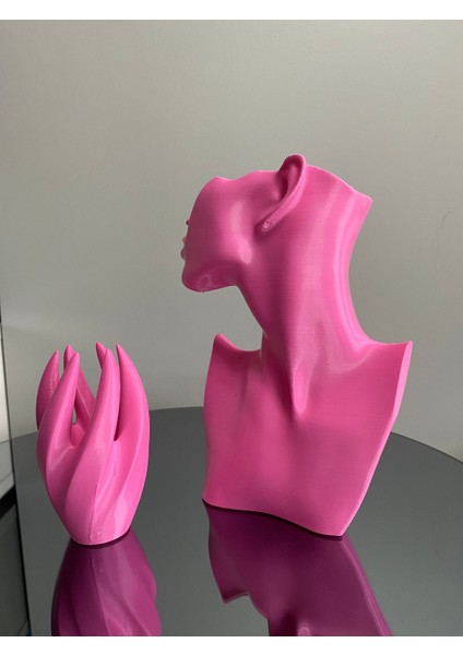 Pembe Renk Dekoratif Takı Mankeni ve El 2'li Set Takı Teşhir Standı 23 cm Takı Organizeri Küpe Kolye