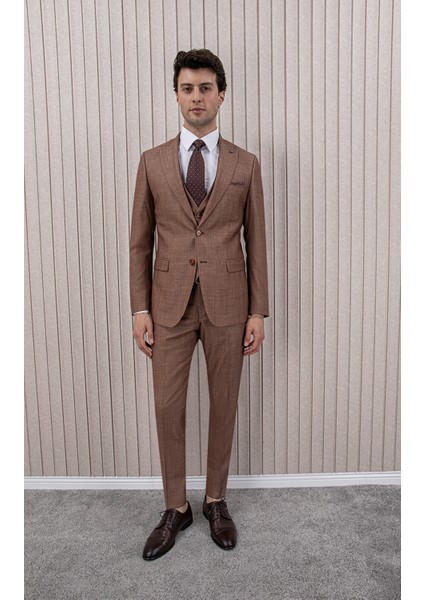 Erkek Likralı Slim Fit Sivri Yaka Yelekli Takım Elbise