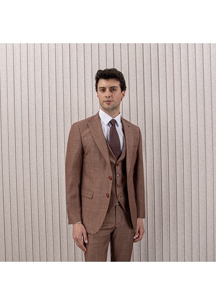 Erkek Likralı Slim Fit Sivri Yaka Yelekli Takım Elbise