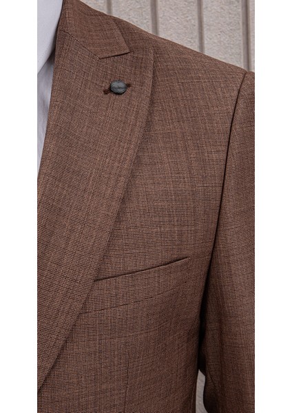 Erkek Likralı Slim Fit Sivri Yaka Yelekli Takım Elbise