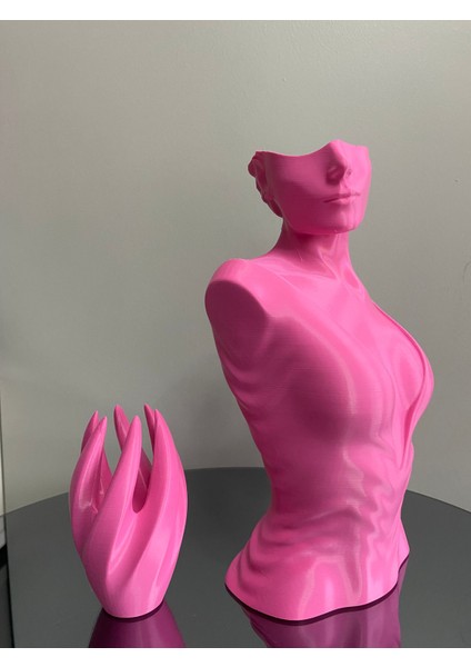 Pembe Renk Dekoratif Takı Mankeni ve El 2'li Set Takı Teşhir Standı 30 cm Takı Organizeri Küpe Kolye