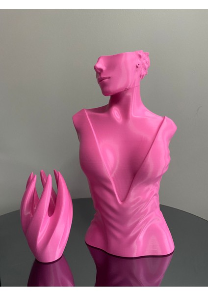 Pembe Renk Dekoratif Takı Mankeni ve El 2'li Set Takı Teşhir Standı 30 cm Takı Organizeri Küpe Kolye