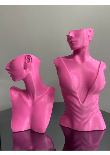 Pembe Renk Dekoratif Takı Mankeni 2'li Set Takı Teşhir Standı 30 ve 21 cm Takı Organizer Küpe Kolye