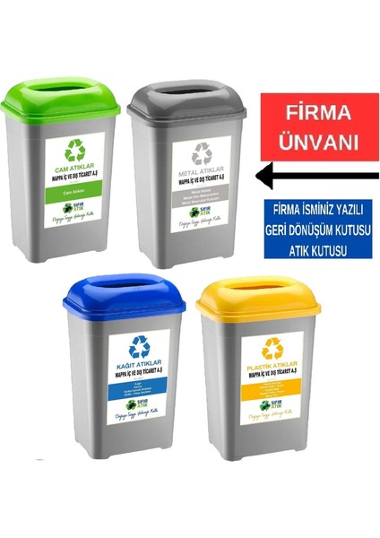 Firmalara Özel Firma Ismi Yazılı Geri Dönüşüm Kutusu Sıfır Atık Kutusu 50 Lt * 4 Adet Büyük Boy atık kutusu kovası