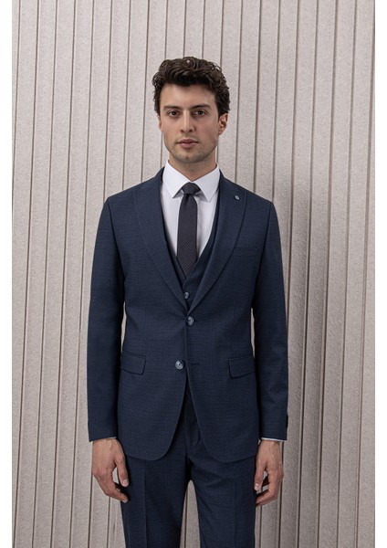 Erkek Likralı Slim Fit Sivri Yaka Yelekli Takım Elbise