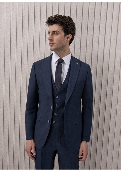 Erkek Likralı Slim Fit Sivri Yaka Yelekli Takım Elbise
